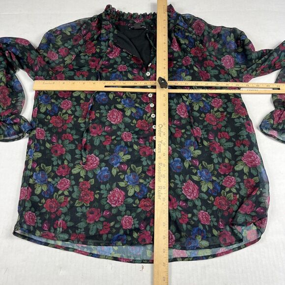 Saks Fifth Avenue Floral Blouse Sheer Long Sleeve Romantic Button Top Medium - Picture 5 of 10